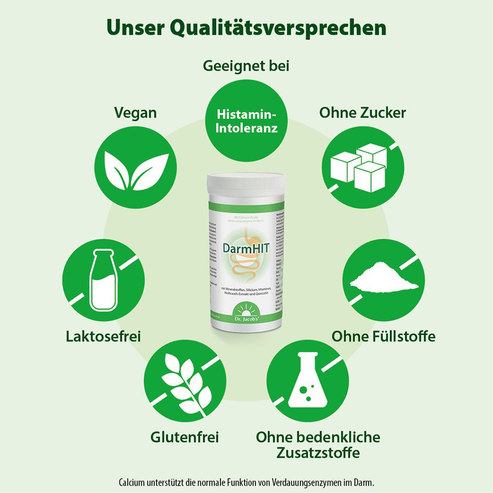 DarmHIT Dose neben Kreisen. Vegan, histaminintoleranz, zuckerfrei, laktosefrei, glutenfrei, ohne Füllstoffe, ohne Zusatzstoffe.