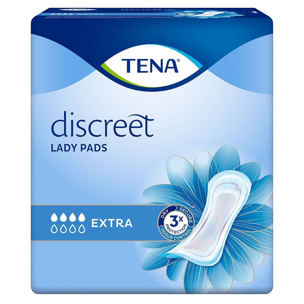 Verpackung von TENA® LADY Discreet EXTRA. Blaue Verpackung mit Produktabbildung und Schriftzug. Enthält 3X Schutz.