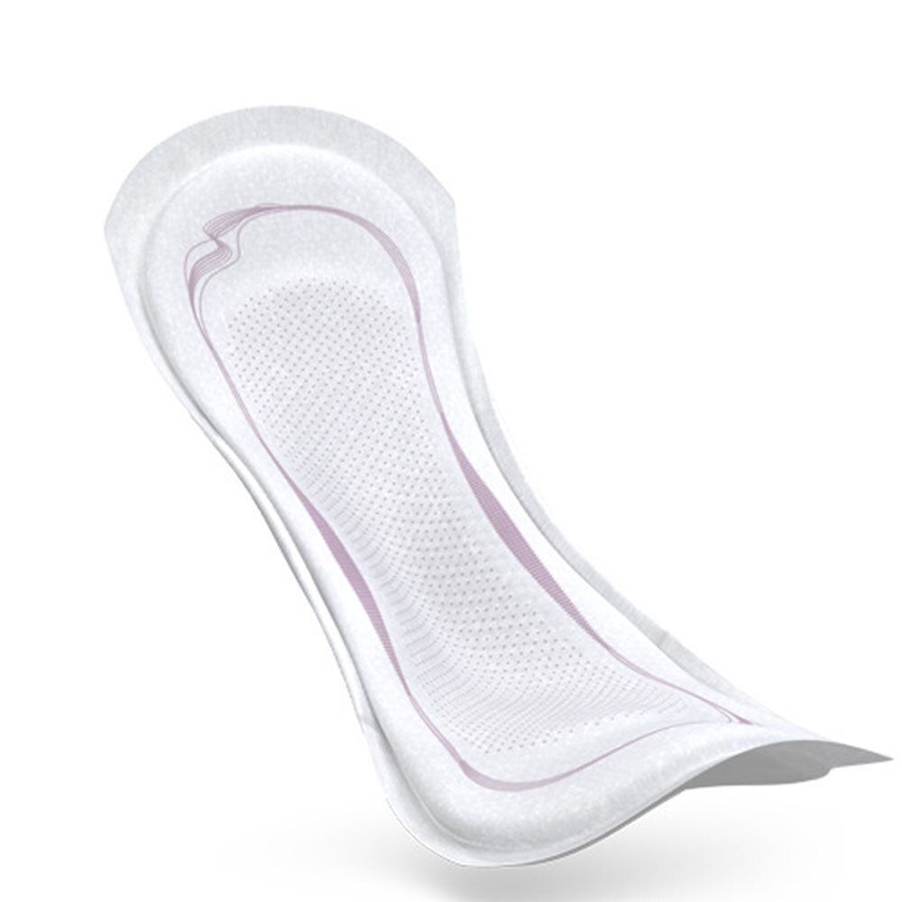 Weißer TENA® LADY Discreet EXTRA. Anatomisch geformt, mit rosafarbenen Details. Auf weißem Hintergrund.