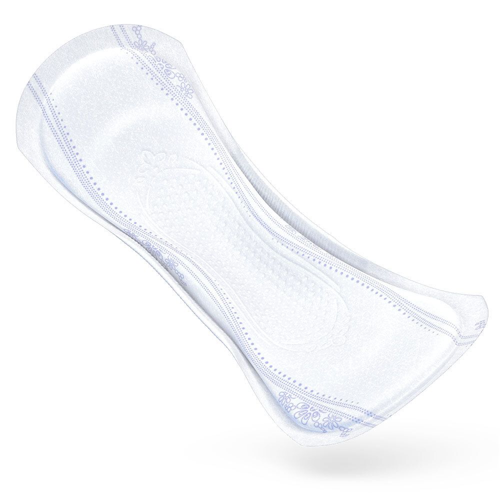Weißer TENA® LADY Discreet EXTRA. Anatomisch geformt, mit blauen Details. Auf weißem Hintergrund.