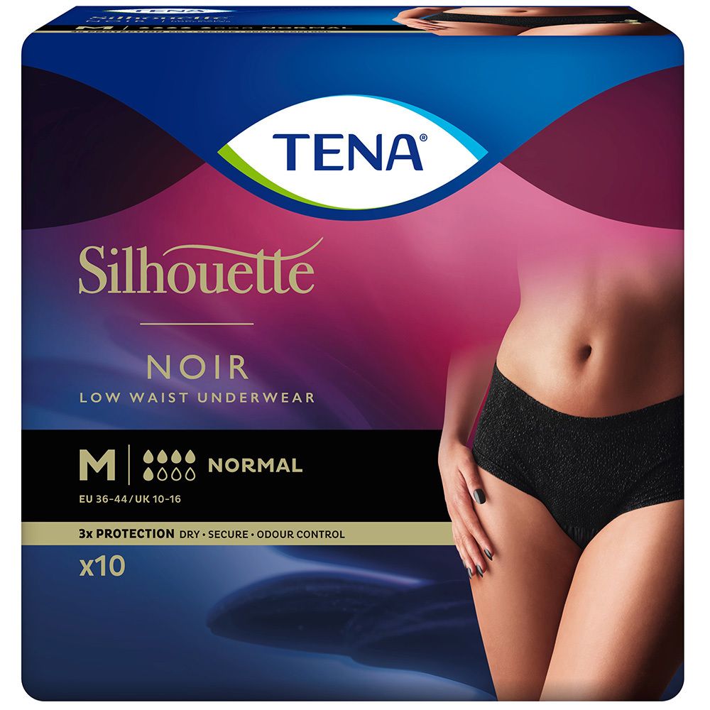 TENA Silhouette Normal Noir M Inkontinenz Pants. Schwarze Unterwäsche, Packung mit 10 Stück. Größe M, EU 36-44.