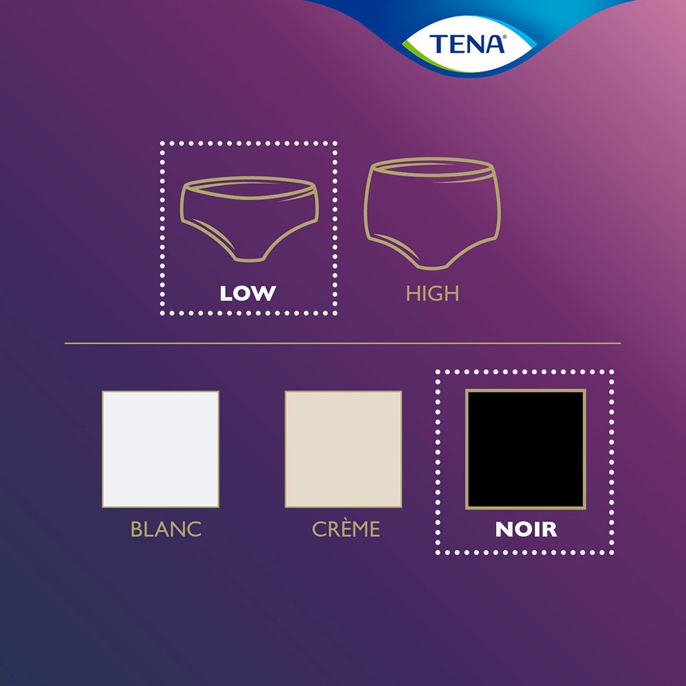 TENA-Produktübersicht. Low Waist und High Waist. Farben: Weiß, Creme, Schwarz (Noir).