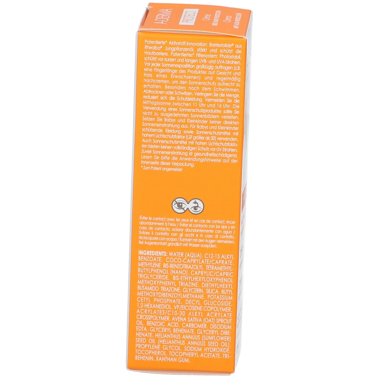 Seite der Kartonverpackung für A-DERMA PROTECT Creme. Inhaltsstoffe, Kontaktinformationen, Augen-Symbol.