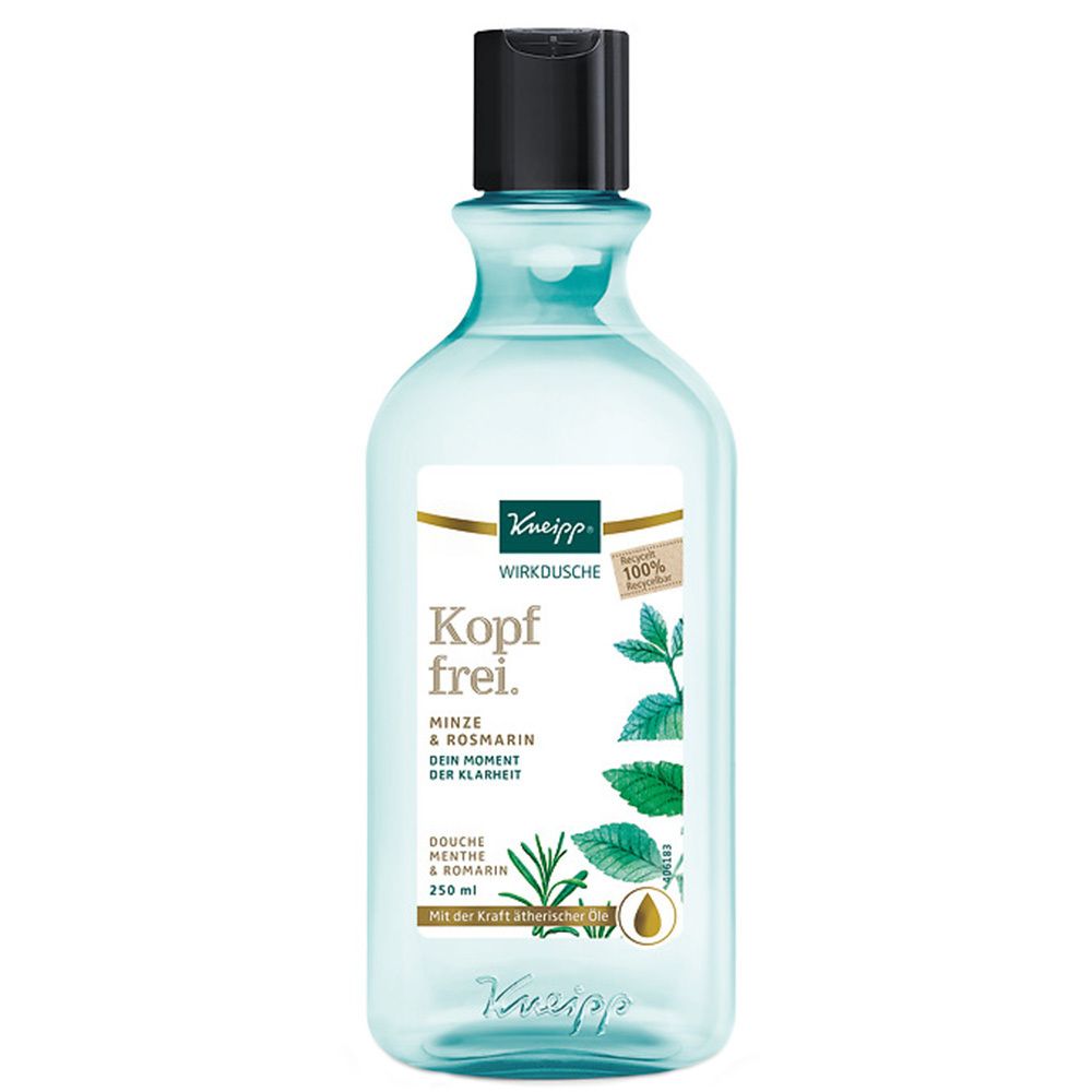 Kneipp Wirkdusche Kopf frei. Flasche mit schwarzem Deckel. Aufschrift: Minze & Rosmarin, Dein Moment der Klarheit. 100% natürliche Pflege.
