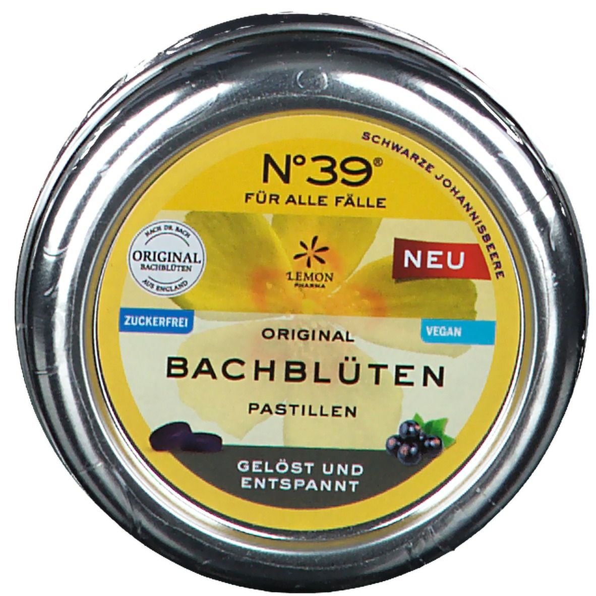 Runde Dose mit gelbem Etikett. Text: N°39, Bachblüten Pastillen, Schwarze Johannisbeere. Logo: Lemon Pharma.