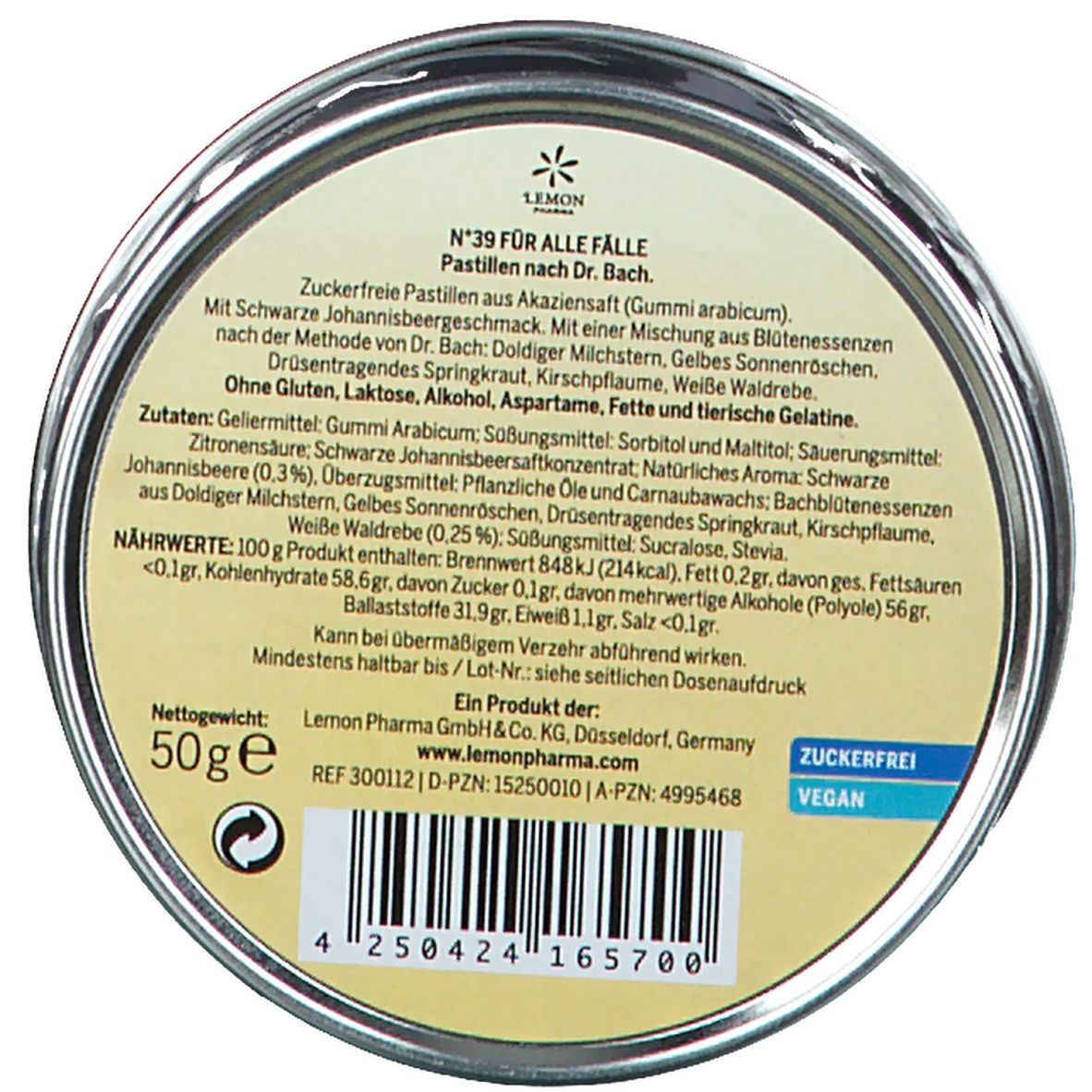 Runder Dosenboden mit Text. Text: N°39, Zuckerfrei, Vegan, 50g, Lemon Pharma. Barcode. Logo: Lemon Pharma.