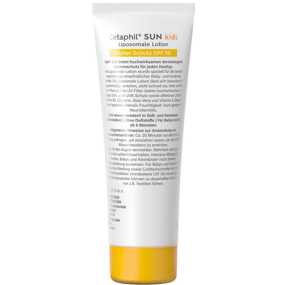 Rückseite der Tube Cetaphil SUN Kids SPF 30. Text und Inhaltsstoffe.