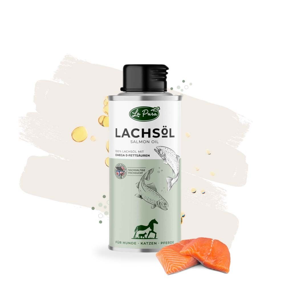 Flasche mit Lachsöl und Lachsscheiben. Aufschrift: Lachsöl. Illustration von Fischen. Für Hunde, Katzen, Pferde.