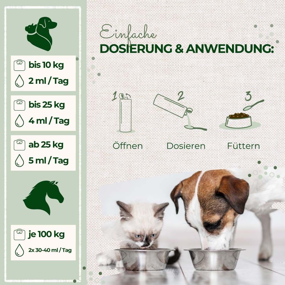 Dose mit Lachsöl. Text: Lachsöl mit Omega-3-Fettsäuren. Illustrationen von Fischen. Für Hunde, Katzen, Pferde.