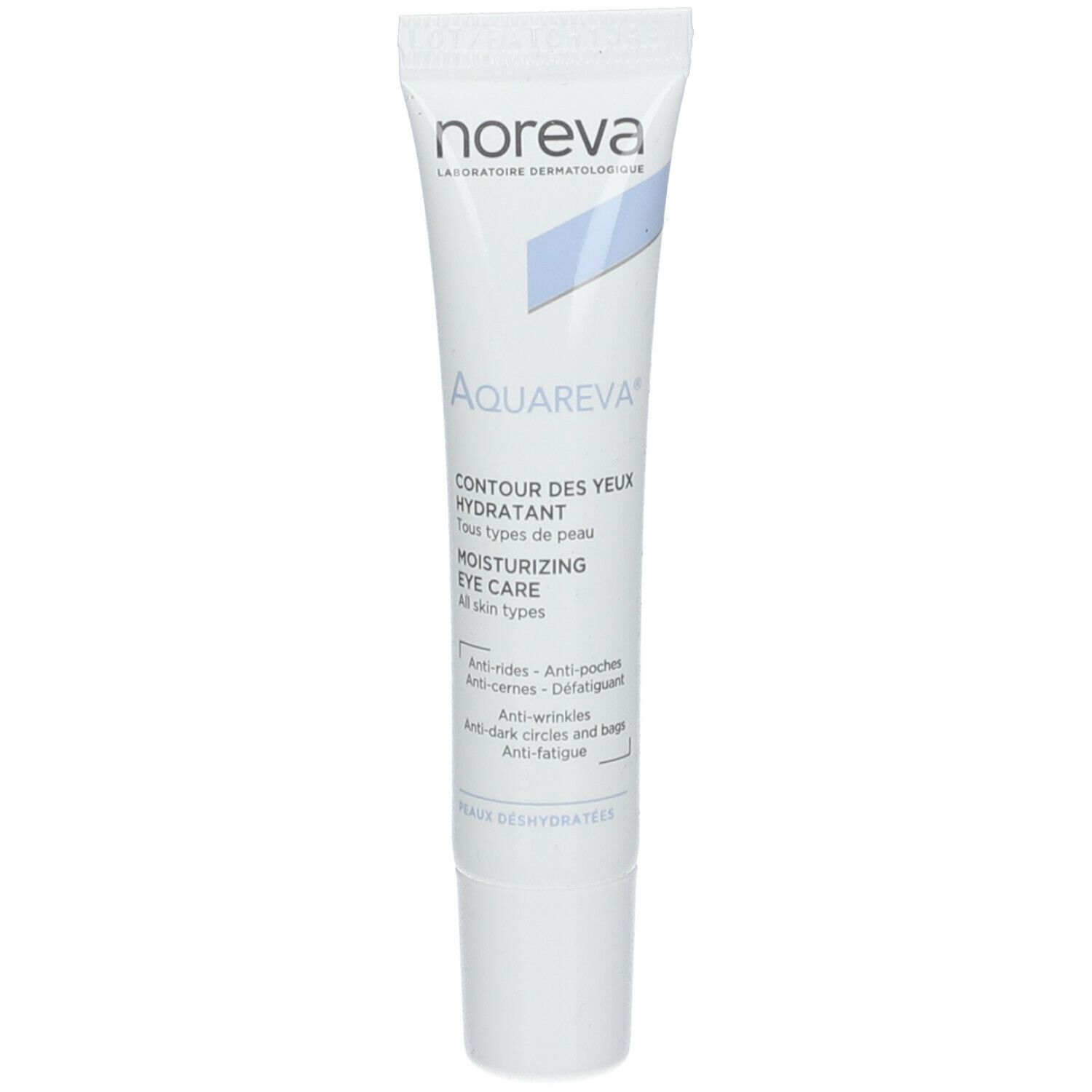 Weiße Tube mit blauer Akzentfarbe. Aufschrift: noreva, Aquareva, Augenpflege. Enthält Anti-Falten, Anti-Augenringe.