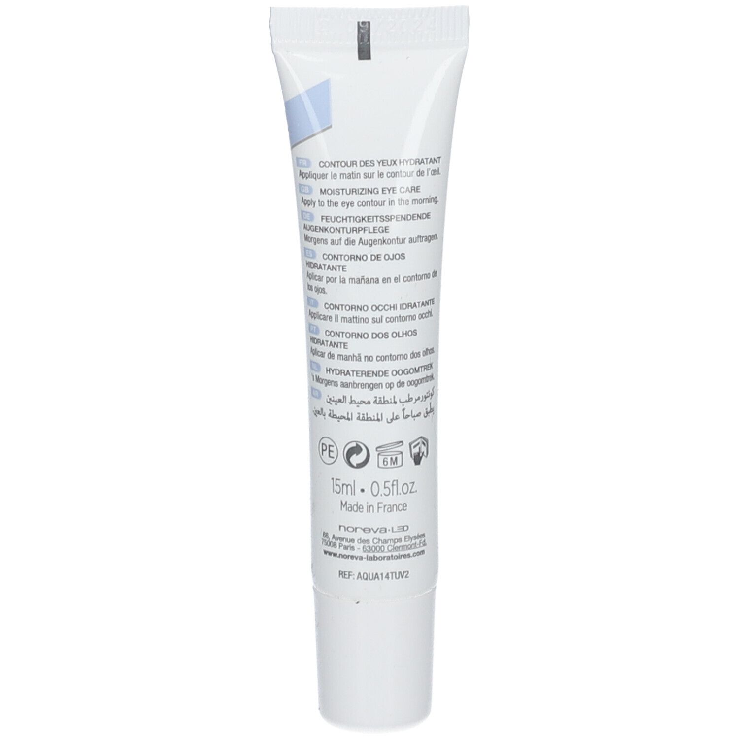 Rückseite der weißen Tube. Enthält Text in mehreren Sprachen. 15ml. Hergestellt in Frankreich. Marke: noreva.