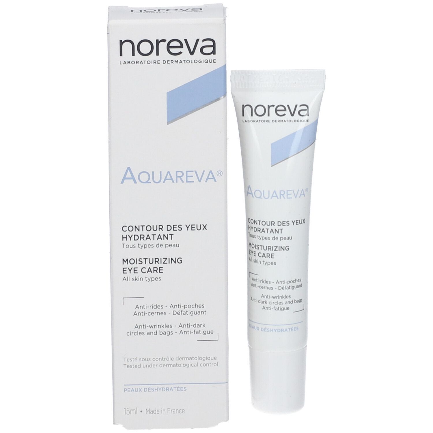 Produktverpackung mit Tube. Weiße Verpackung mit blauen Akzenten. Aufschrift: noreva, Aquareva, Augenpflege. 15ml.