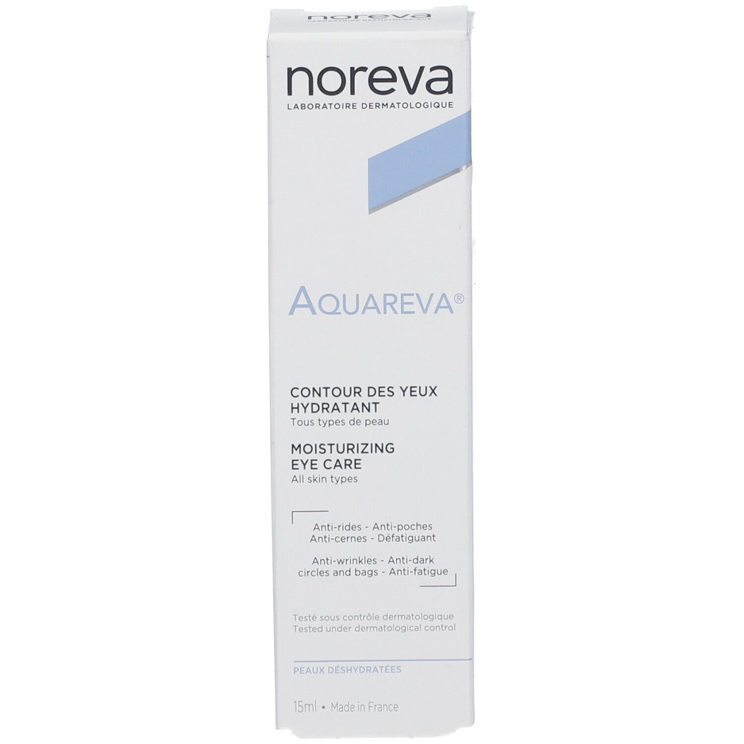 Weiße Produktverpackung mit blauen Akzenten. Aufschrift: noreva, Aquareva, Augenpflege. 15ml. Enthält Anti-Falten, Anti-Augenringe.