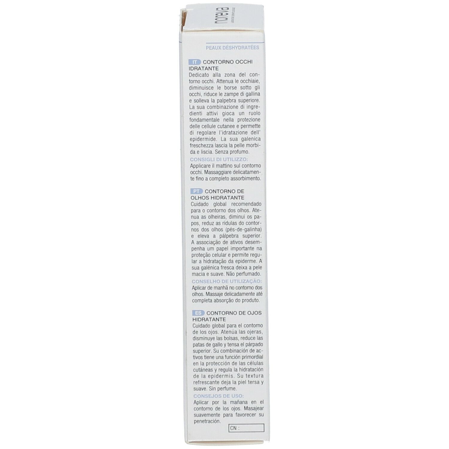 Rückseite der Produktverpackung. Text in mehreren Sprachen. Enthält Informationen zur Anwendung und Inhaltsstoffe.
