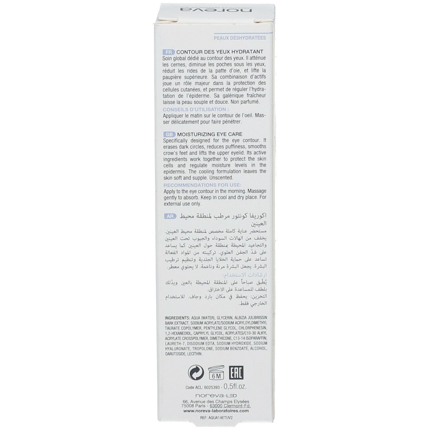 Rückseite der Produktverpackung. Text in mehreren Sprachen. Enthält Informationen zur Anwendung und Inhaltsstoffe.