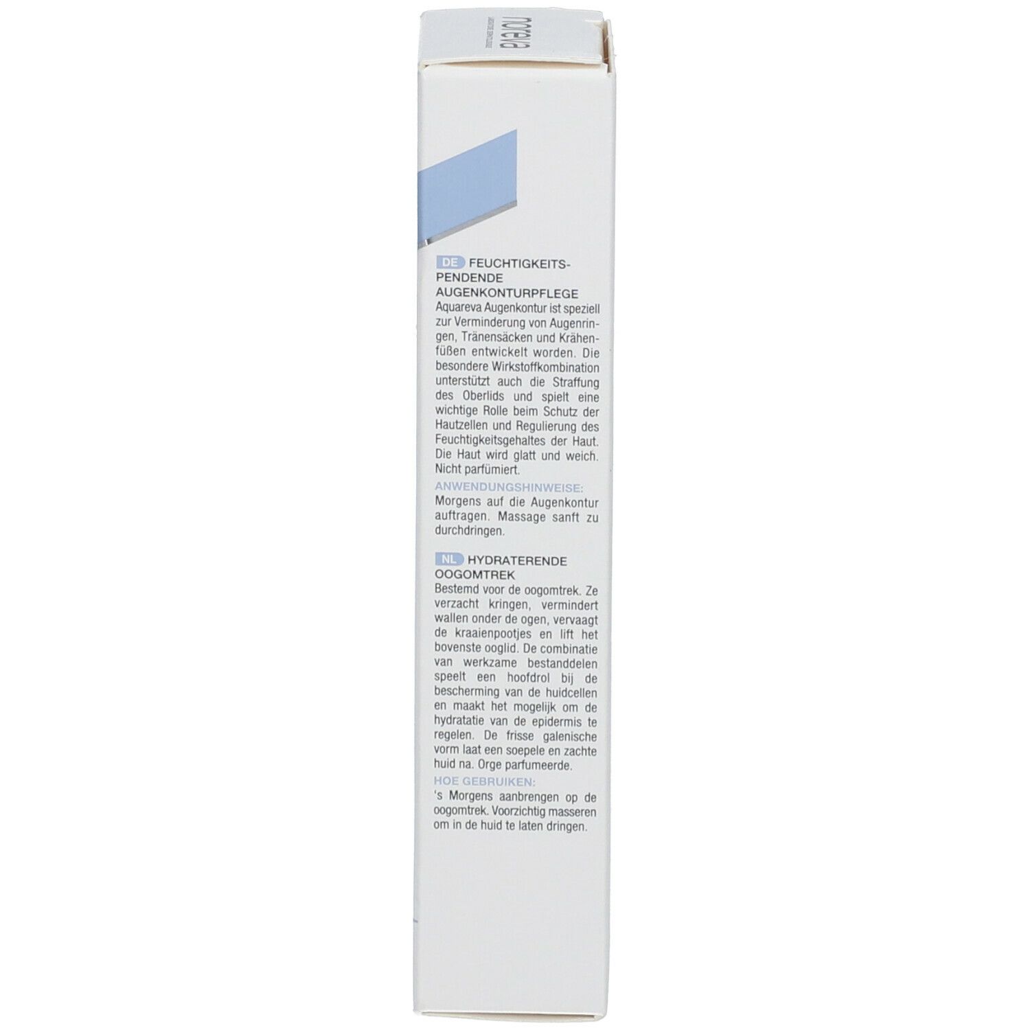 Rückseite der Produktverpackung. Text in mehreren Sprachen. Enthält Informationen zur Anwendung und Inhaltsstoffe.