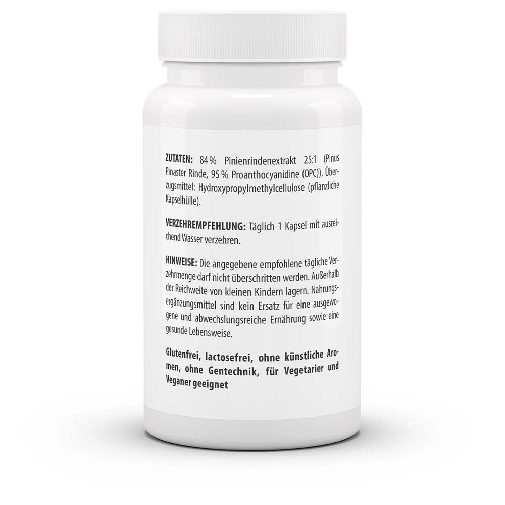 Rückseite der Kapsel-Dose. Auflistung der Zutaten, Verzehrempfehlung, Hinweise. Glutenfrei, laktosefrei, ohne künstliche Aromen, vegan.