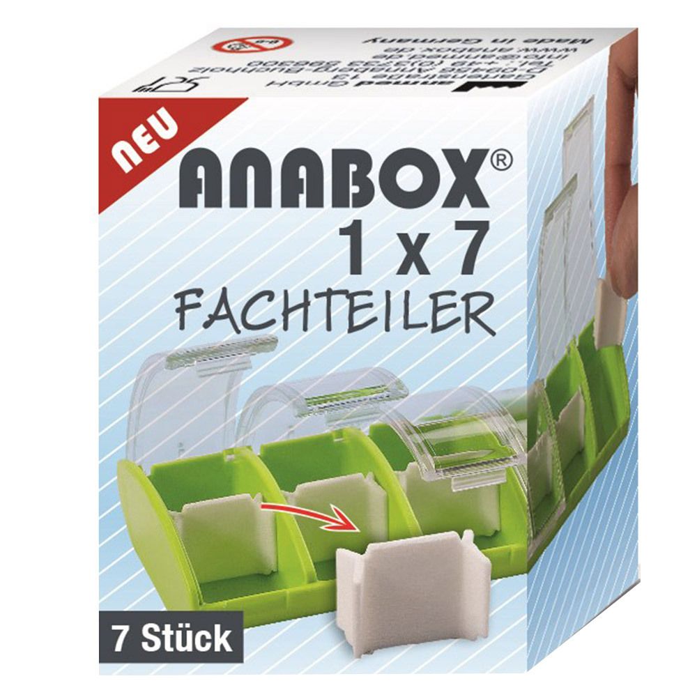 Verpackung der ANABOX® 1x7 Fachteiler. Grün-transparente Tablettenteiler mit 7 Fächern. Aufschrift: 7 Stück.