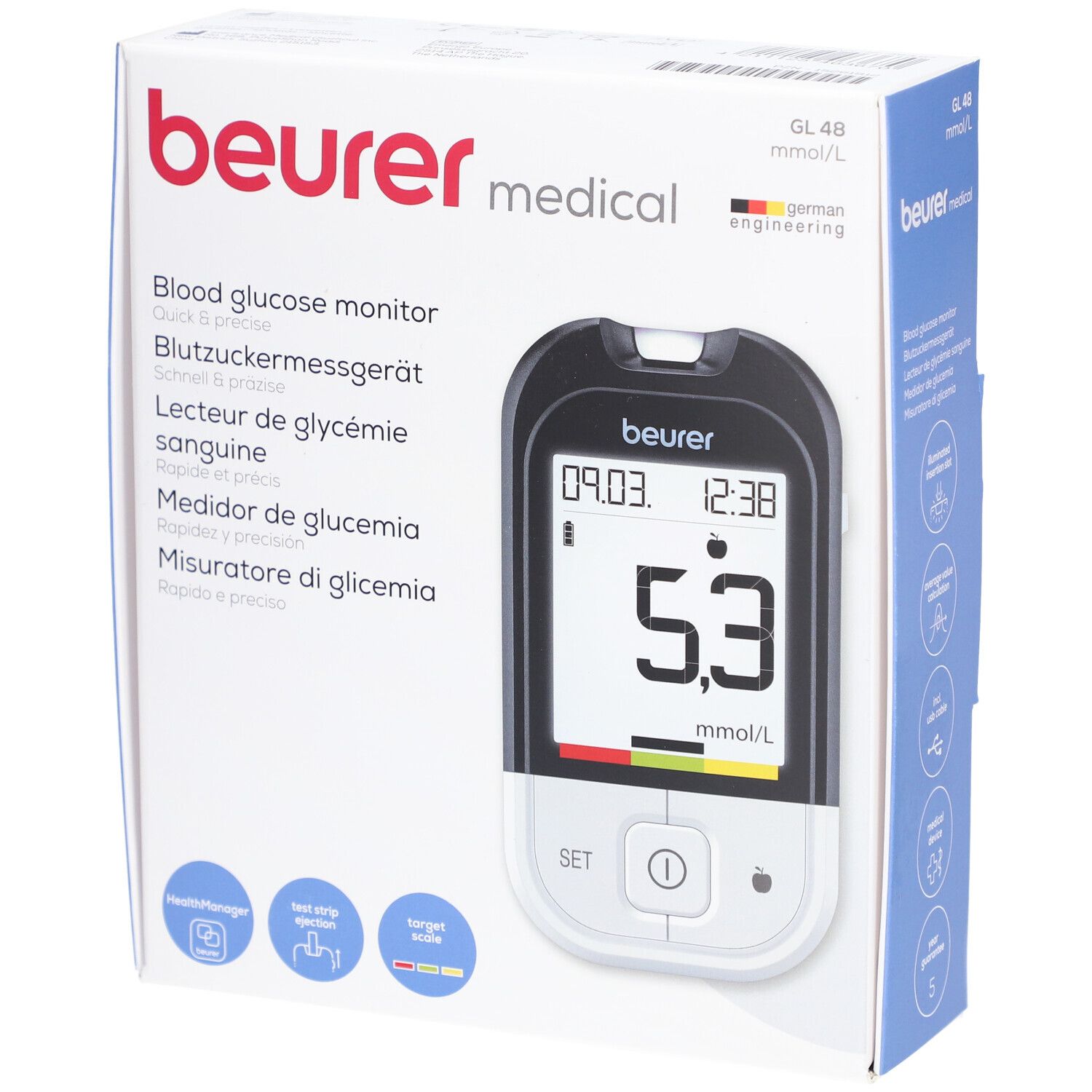 Blutzuckermessgerät GL 48 mmol/L in Verpackung. Gerät mit Display, Anzeige 5,3 mmol/L. Marke: Beurer.