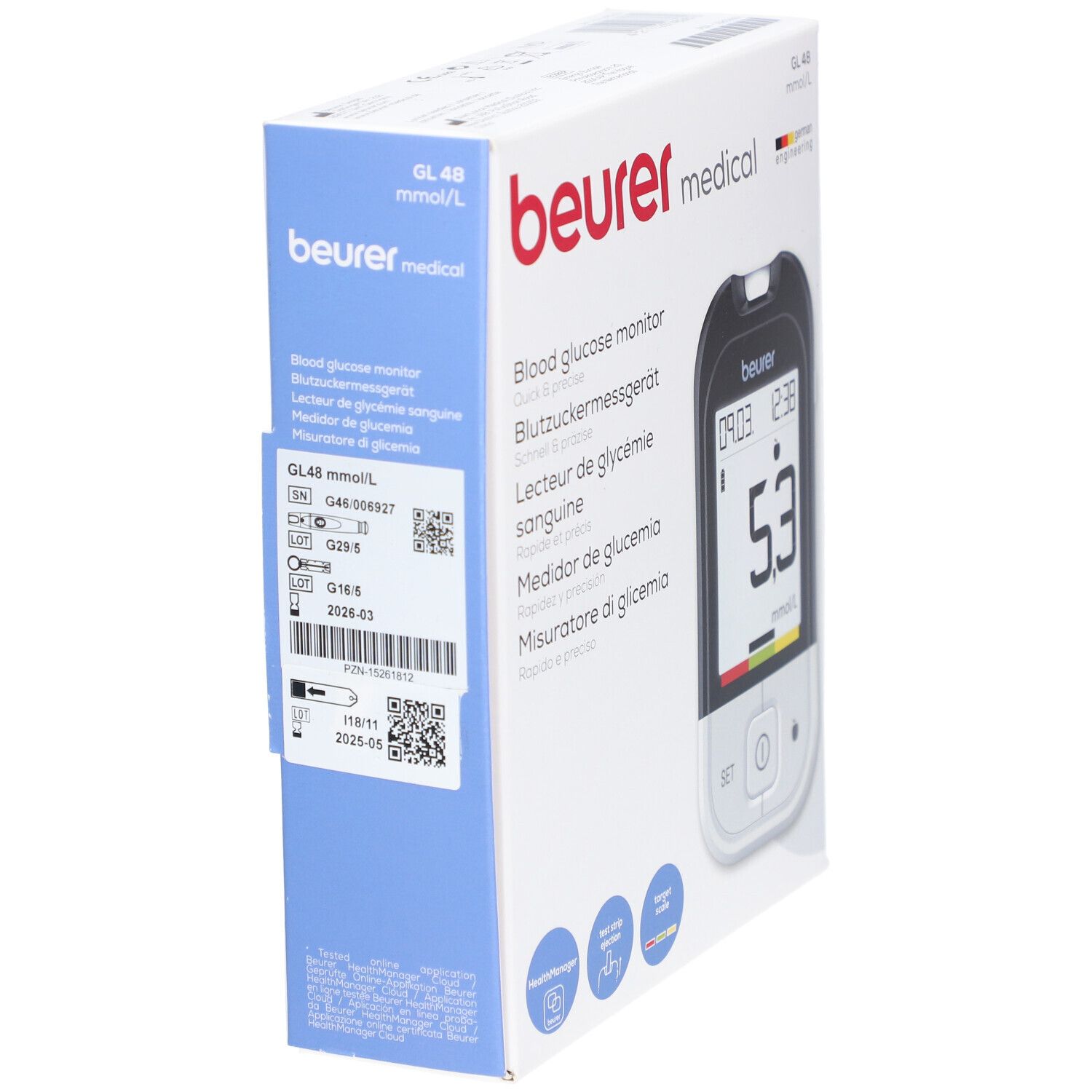 Verpackung des Blutzuckermessgeräts GL 48 mmol/L. Marke: Beurer. Enthält Gerät, QR-Code, technische Daten und Zertifizierungen.
