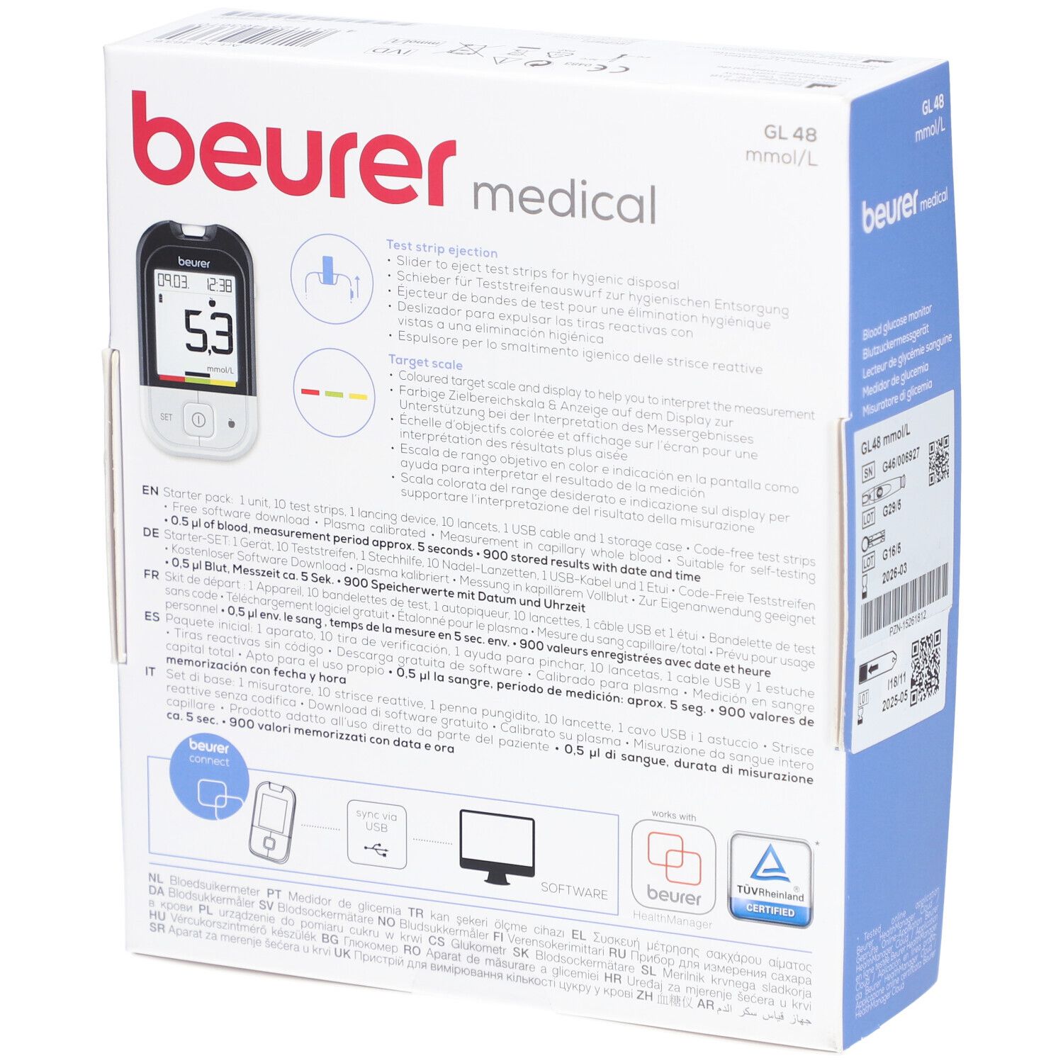 Rückseite der Verpackung des Blutzuckermessgeräts GL 48 mmol/L. Enthält Informationen, Zubehör und technische Daten.