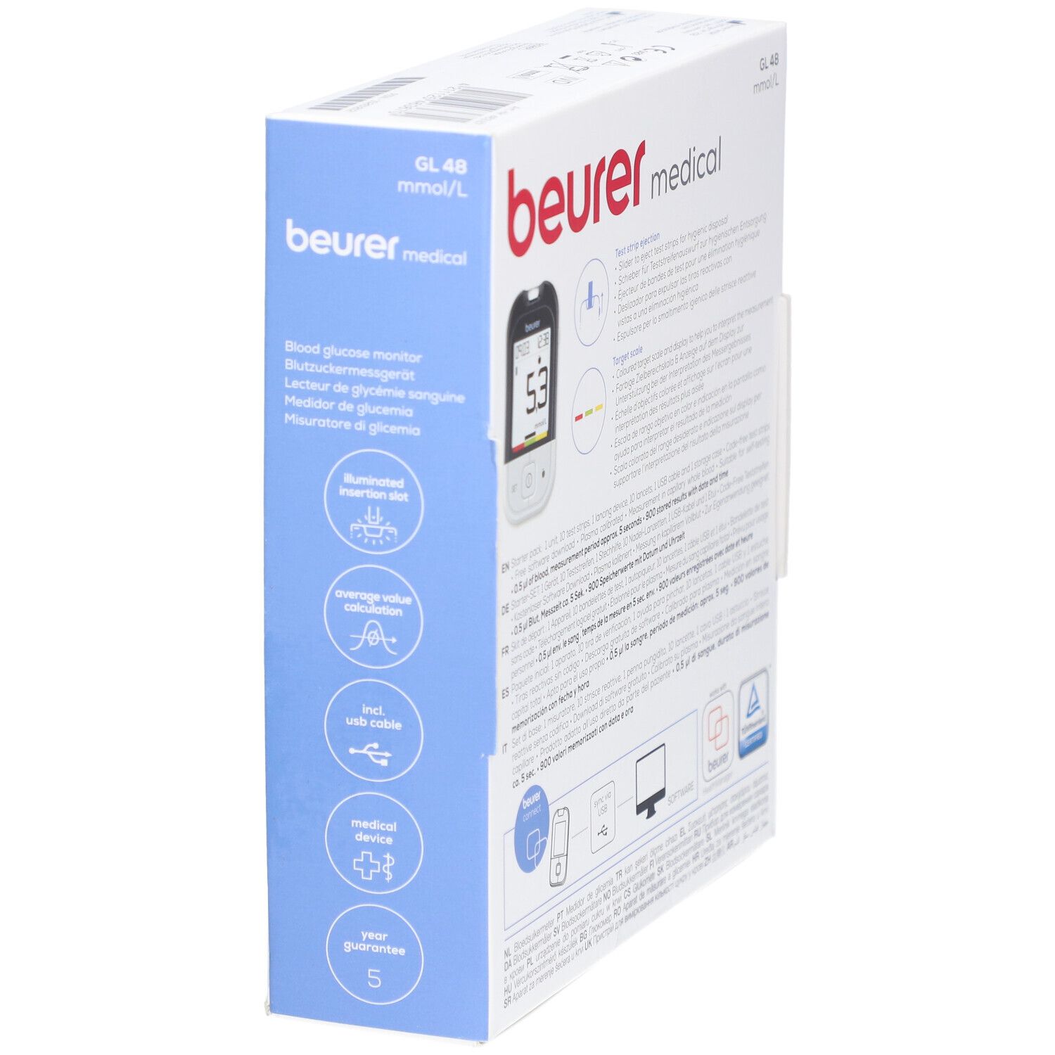 Verpackung des Blutzuckermessgeräts GL 48 mmol/L. Marke: Beurer. Seitenansicht mit Produktabbildung und Text.