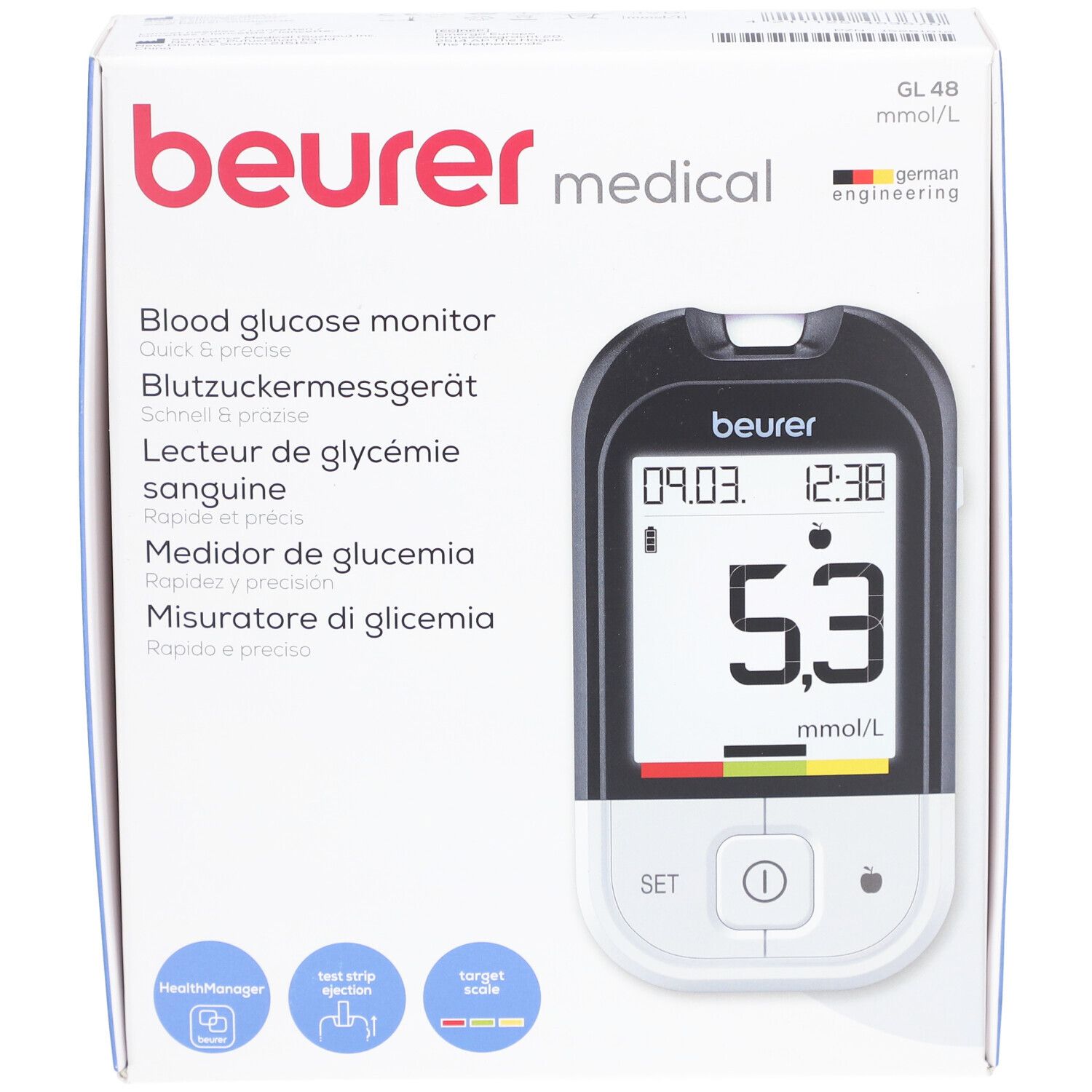 Blutzuckermessgerät GL 48 mmol/L in Verpackung. Gerät mit Display, Anzeige 5,3 mmol/L. Marke: Beurer.