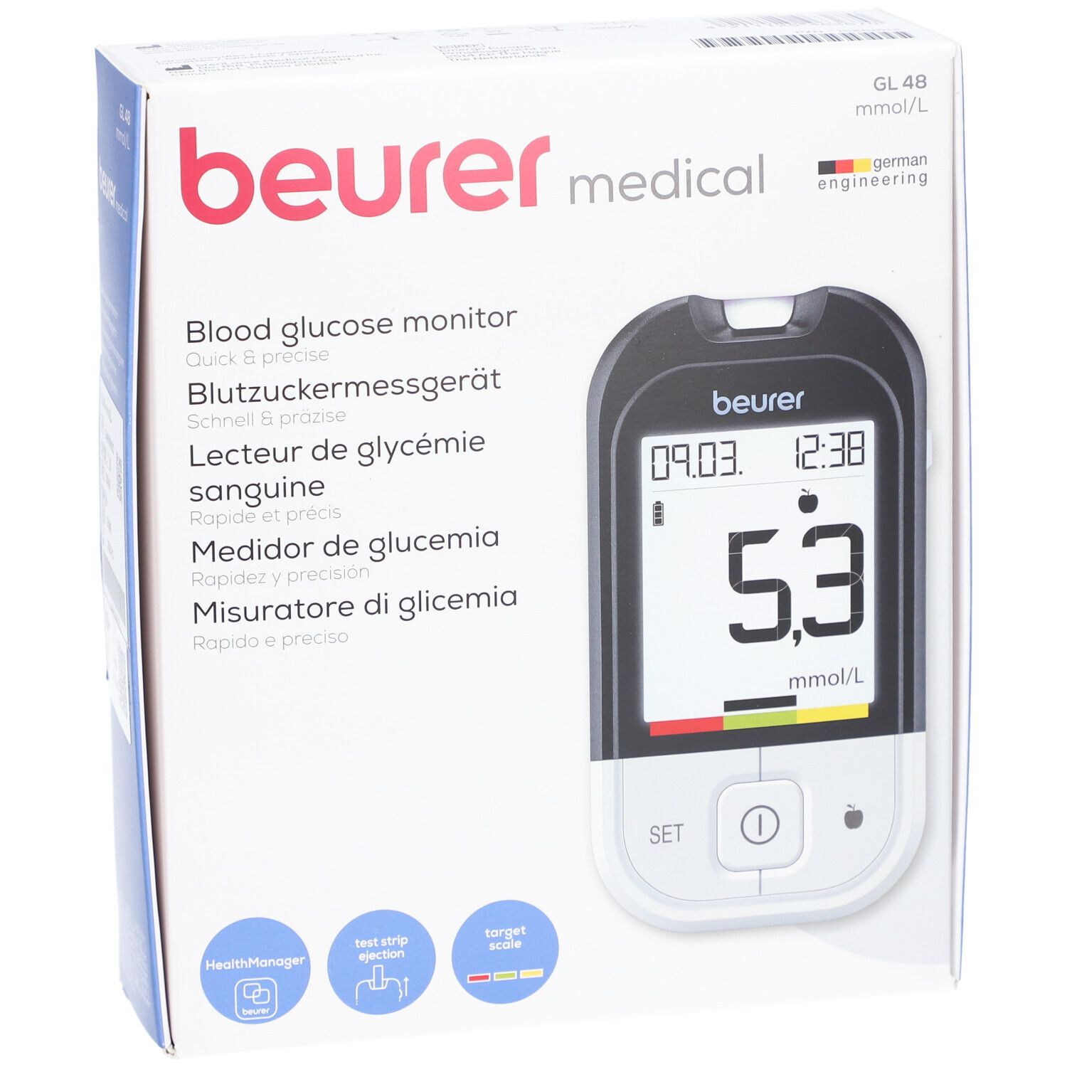 Blutzuckermessgerät GL 48 mmol/L in Verpackung. Gerät mit Display, Anzeige 5,3 mmol/L. Marke: Beurer.