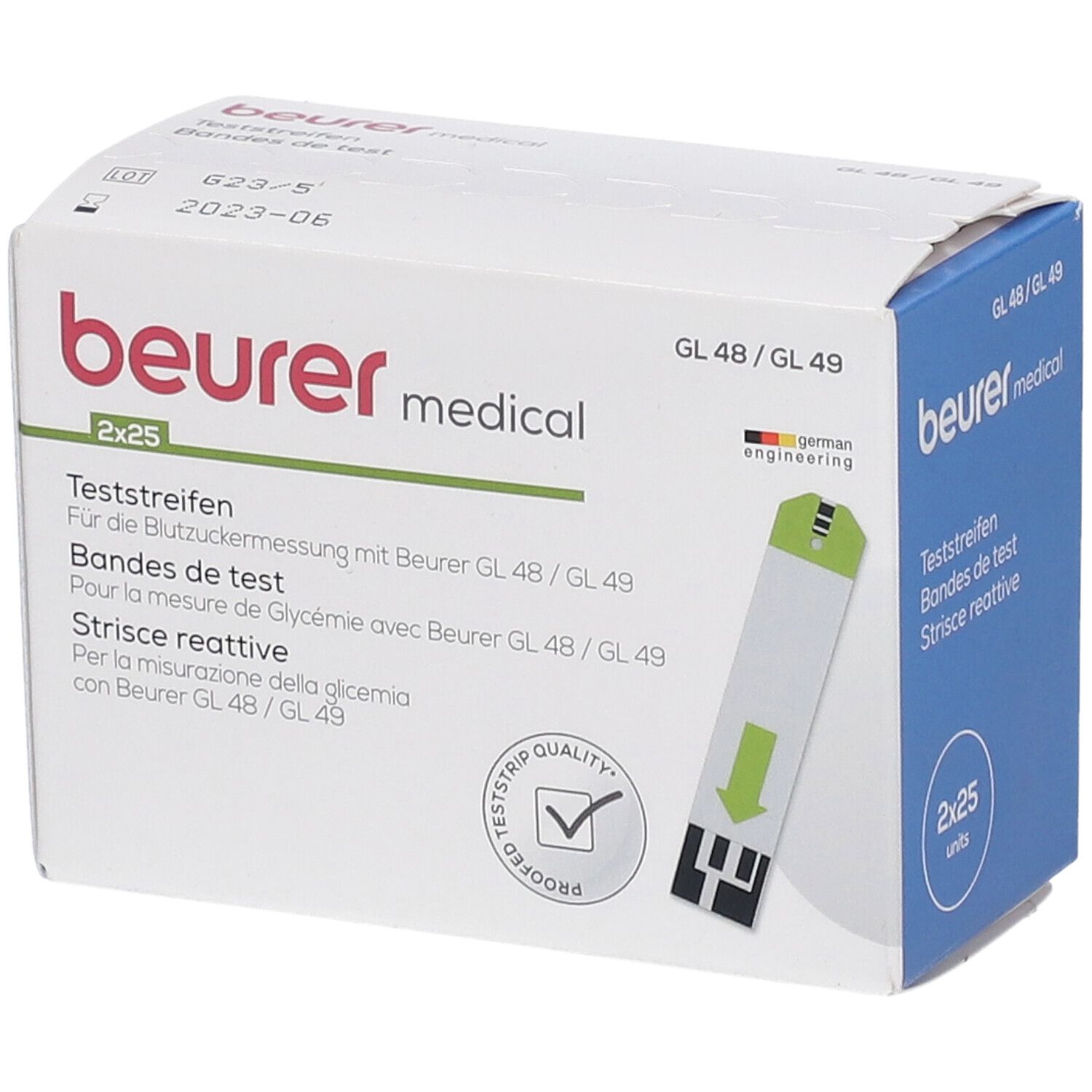 Verpackung mit Teststreifen. Aufschrift: beurer medical, GL 48/49, 2x25. Ein Teststreifen ist sichtbar.