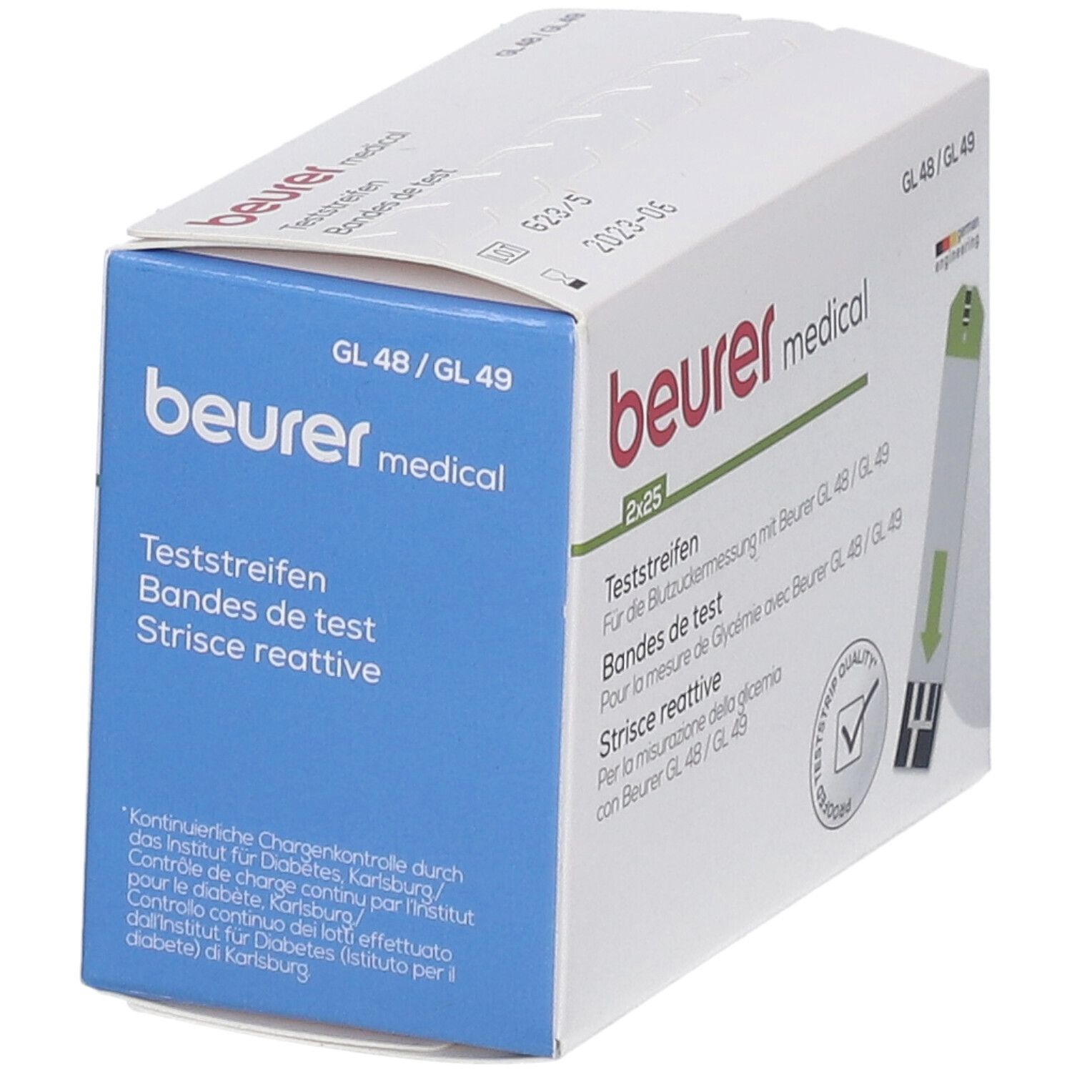 Verpackung mit Teststreifen. Aufschrift: beurer medical, GL 48/49, 2x25. Text in Deutsch, Französisch, Italienisch.