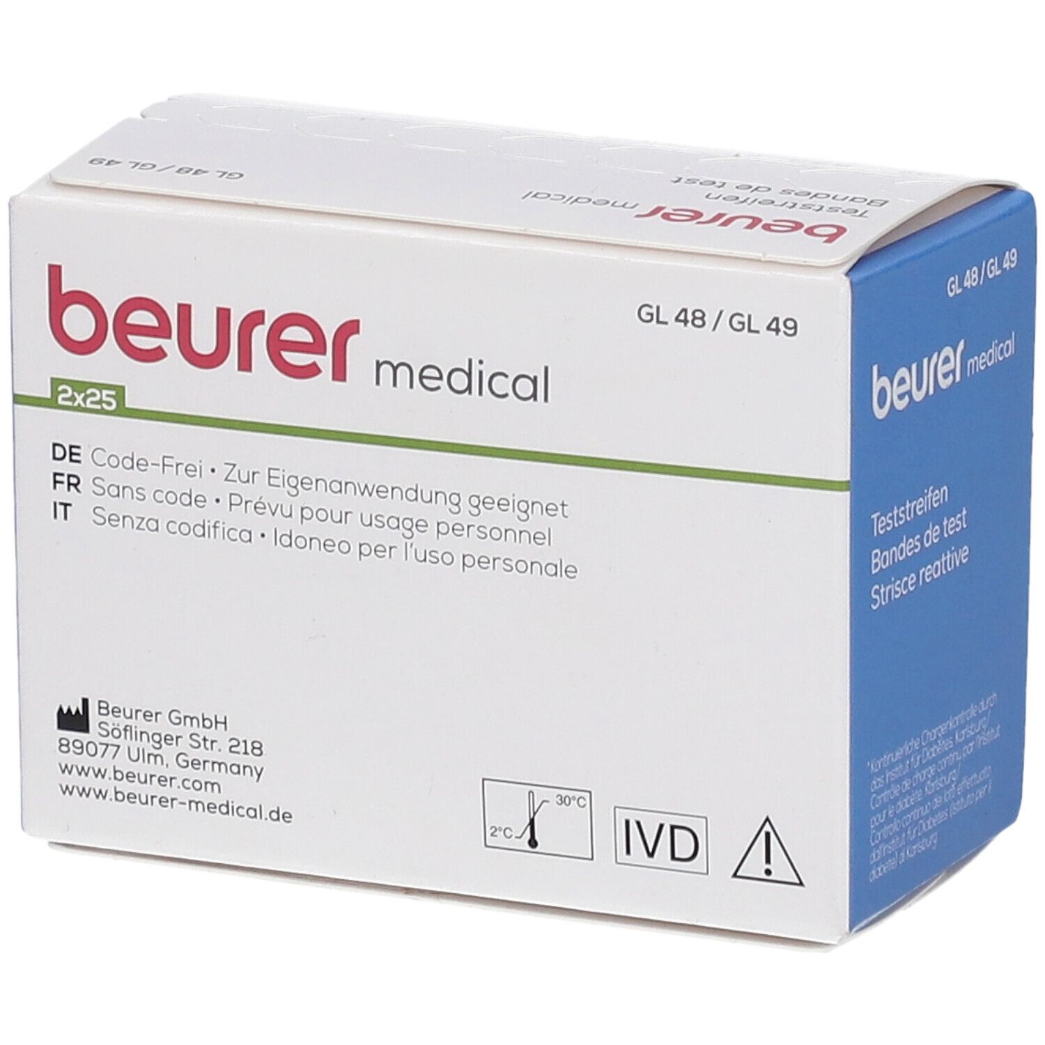 Verpackung mit Teststreifen. Aufschrift: beurer medical, GL 48/49, 2x25. Text in Deutsch, Französisch, Italienisch.