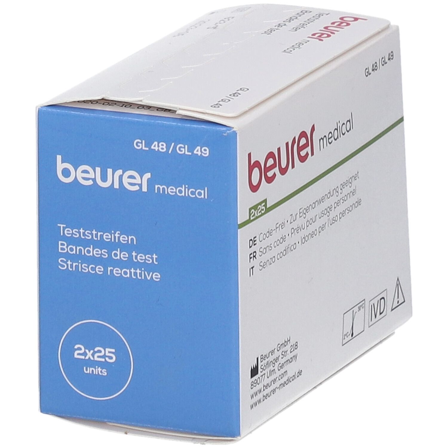 Verpackung mit Teststreifen. Aufschrift: beurer medical, GL 48/49, 2x25. Text in Deutsch, Französisch, Italienisch.