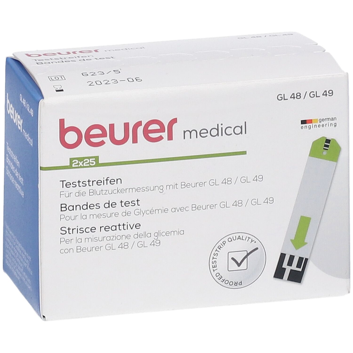 Verpackung mit Teststreifen. Aufschrift: beurer medical, GL 48/49, 2x25. Ein Teststreifen ist sichtbar.