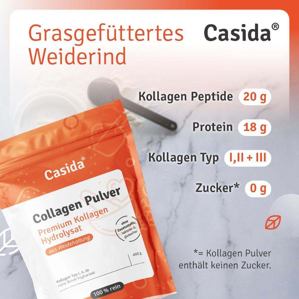 Casida® Collagen Pulver in Beutel. Kollagen Peptide 20g, Protein 18g, Kollagen Typ I,II,III, Zucker 0g.