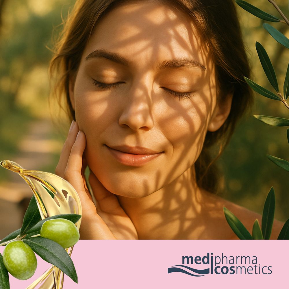 Frau mit geschlossenen Augen, Gesicht im Schatten von Blättern. Olivenzweige und Oliven. Logo: medipharma cosmetics.