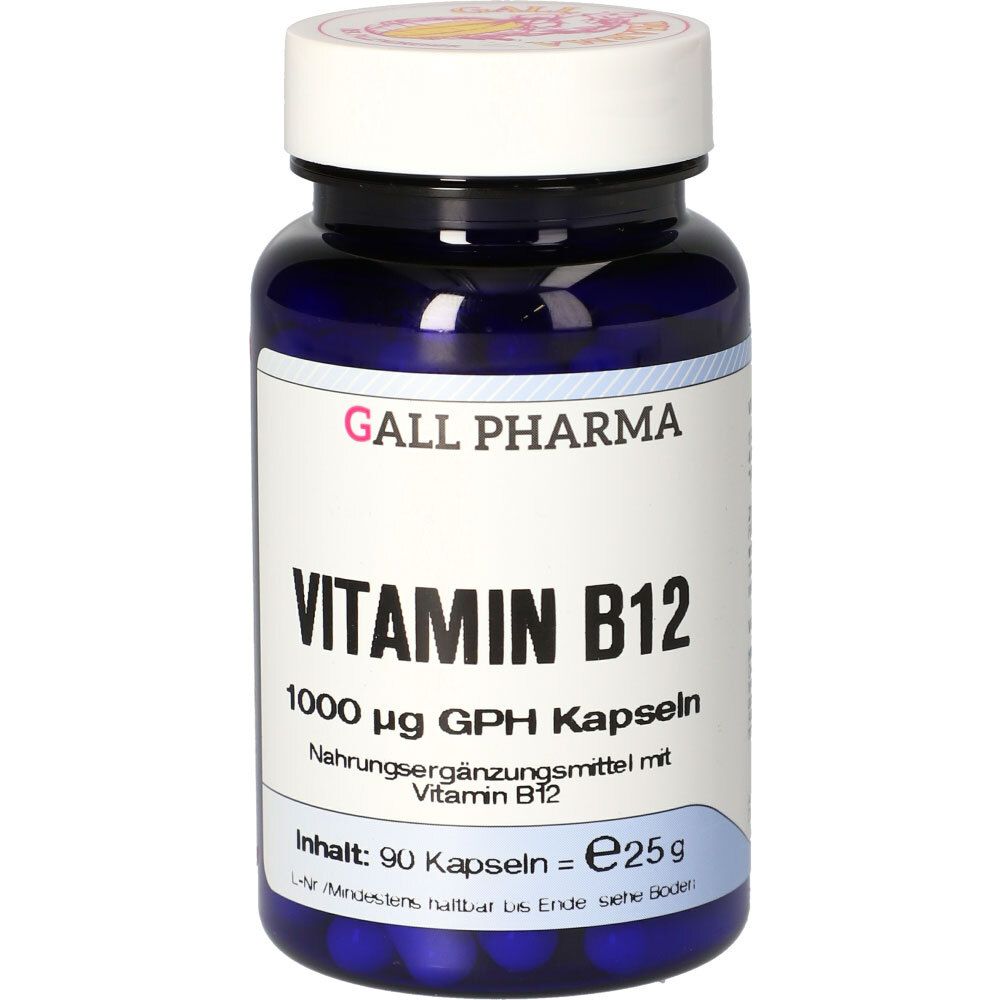 Blaue Flasche mit weißen Etikett. Aufschrift: Vitamin B12 1000 µg GPH Kapseln. 90 Kapseln.