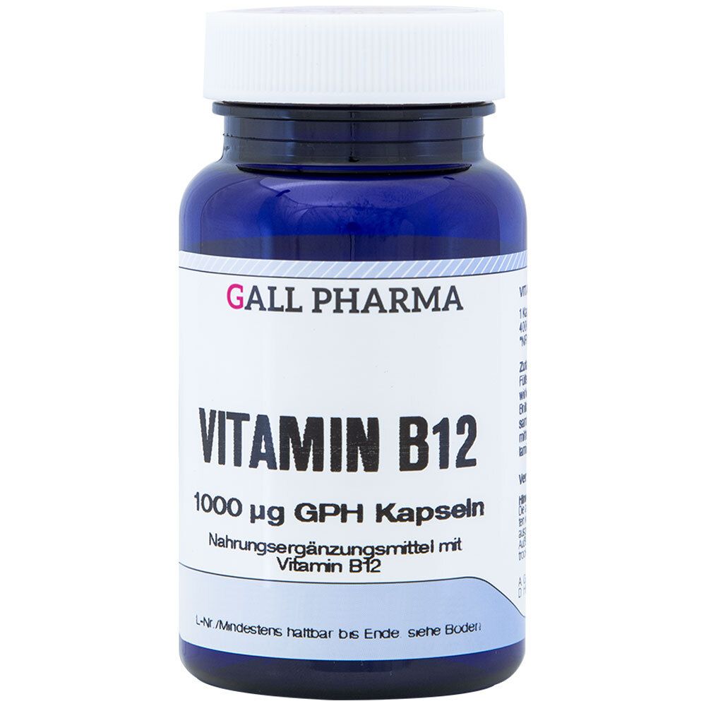 Blaue Flasche mit weißem Deckel. Aufschrift: Vitamin B12 1000 µg GPH Kapseln. Marke: GALL PHARMA.
