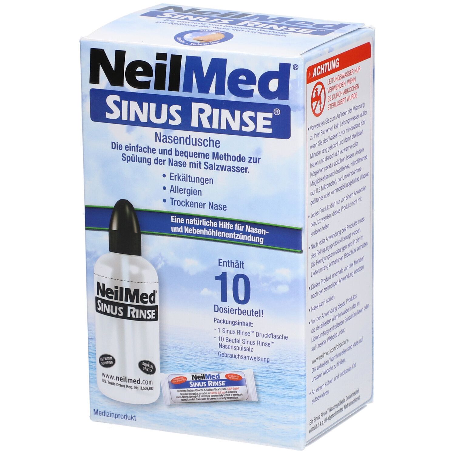 Verpackung von NeilMed Sinus Rinse Nasendusche. Enthält Flasche, Spülsalzbeutel und Gebrauchsanweisung. Blaue und weiße Box mit Produktlogo.