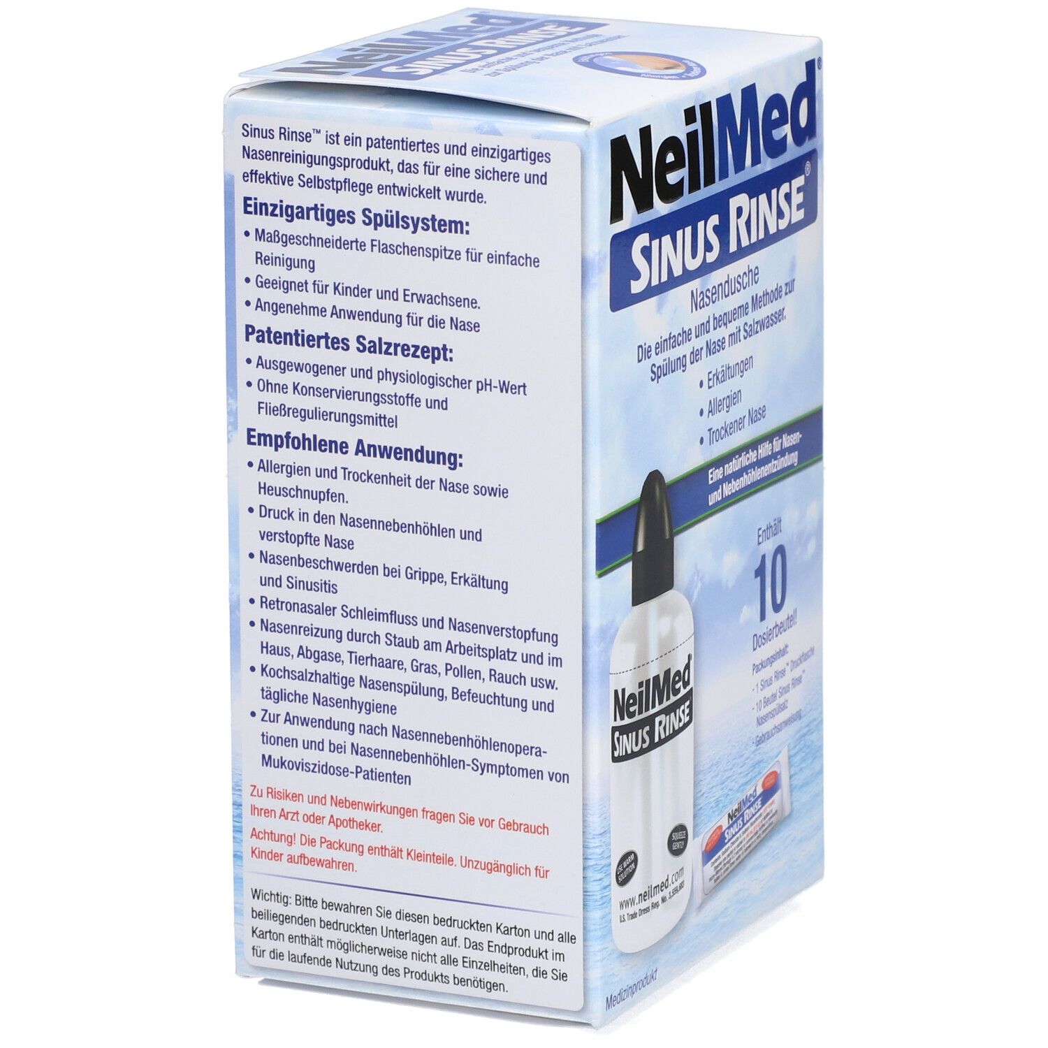 Rückseite der Verpackung von NeilMed Sinus Rinse. Textinformationen in deutscher Sprache. Produktabbildung und Logo.