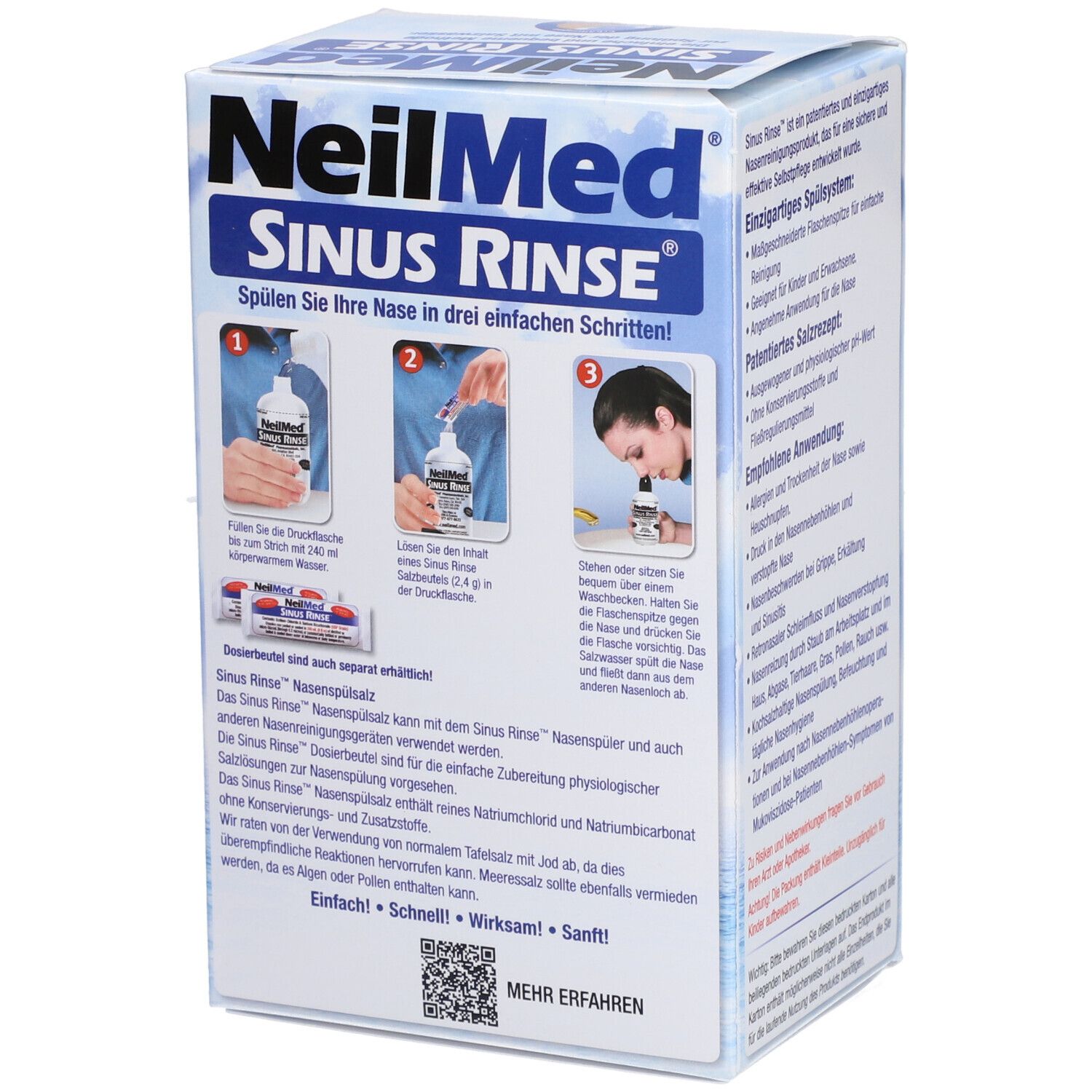 Verpackung von NeilMed Sinus Rinse. Illustrationen zur Anwendung. Produktlogo und Textinformationen.