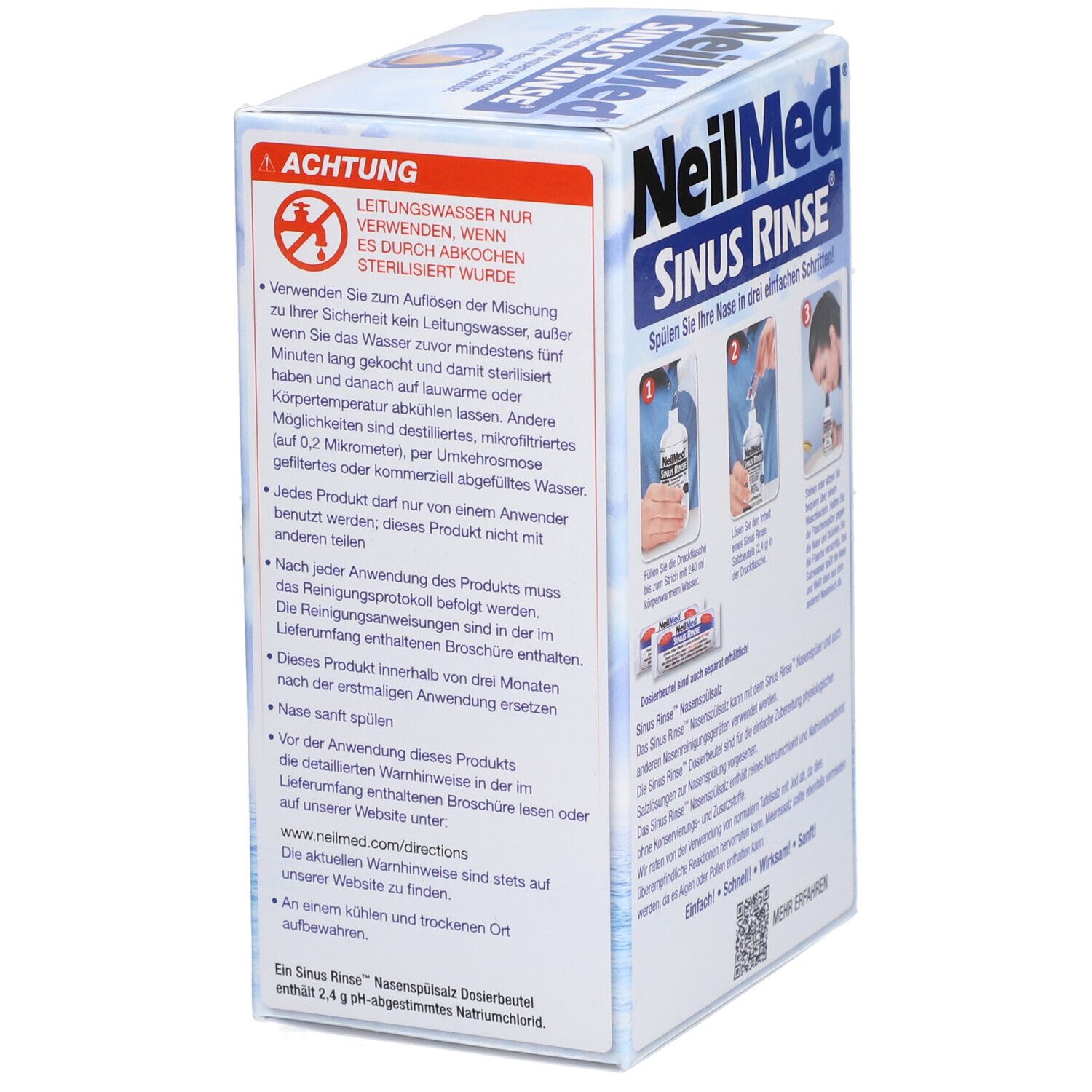 Verpackung von NeilMed Sinus Rinse. Warnhinweise und Textinformationen. Produktlogo und Abbildung.