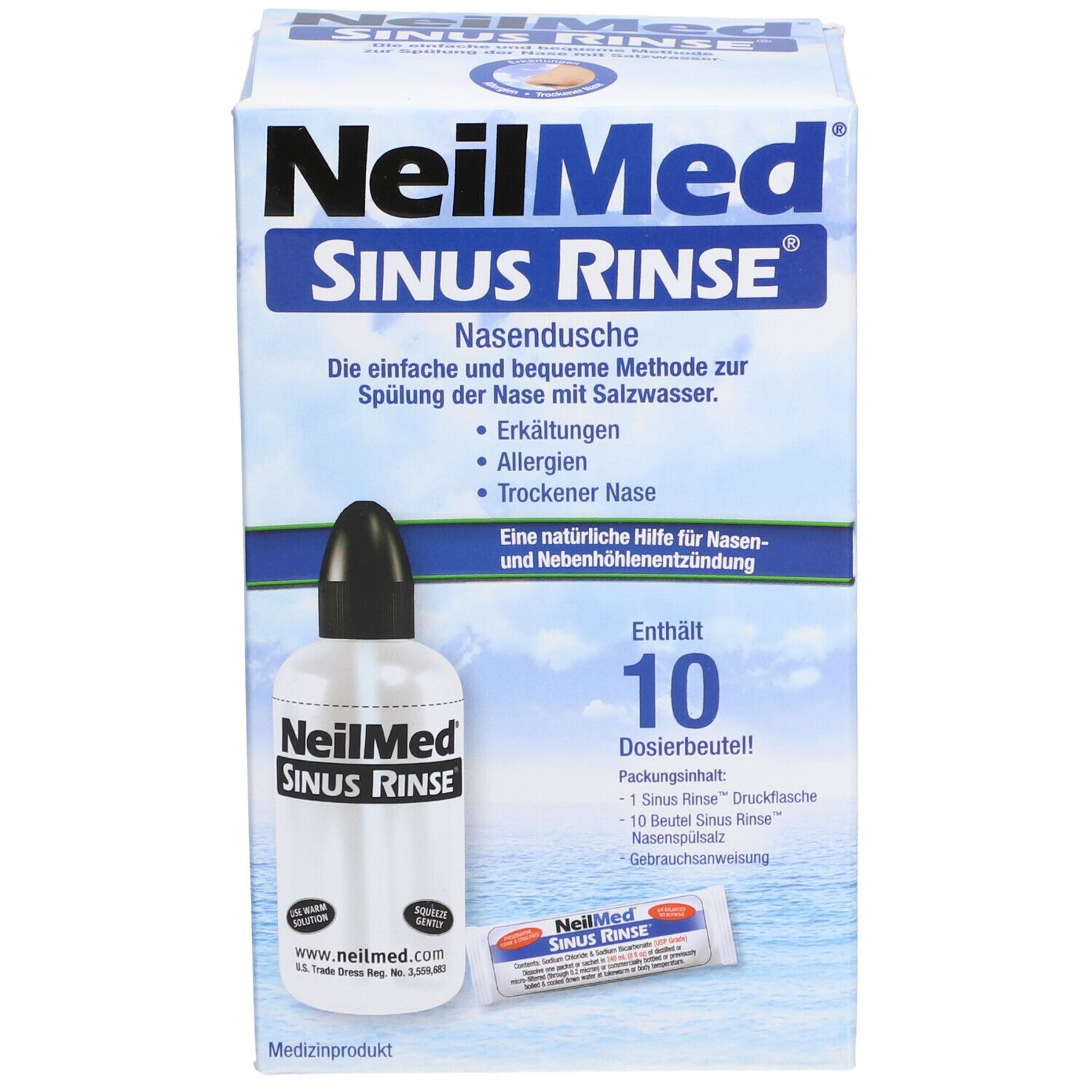 Verpackung von NeilMed Sinus Rinse. Enthält Flasche, Spülsalzbeutel und Gebrauchsanweisung. Blaue und weiße Box mit Produktlogo.