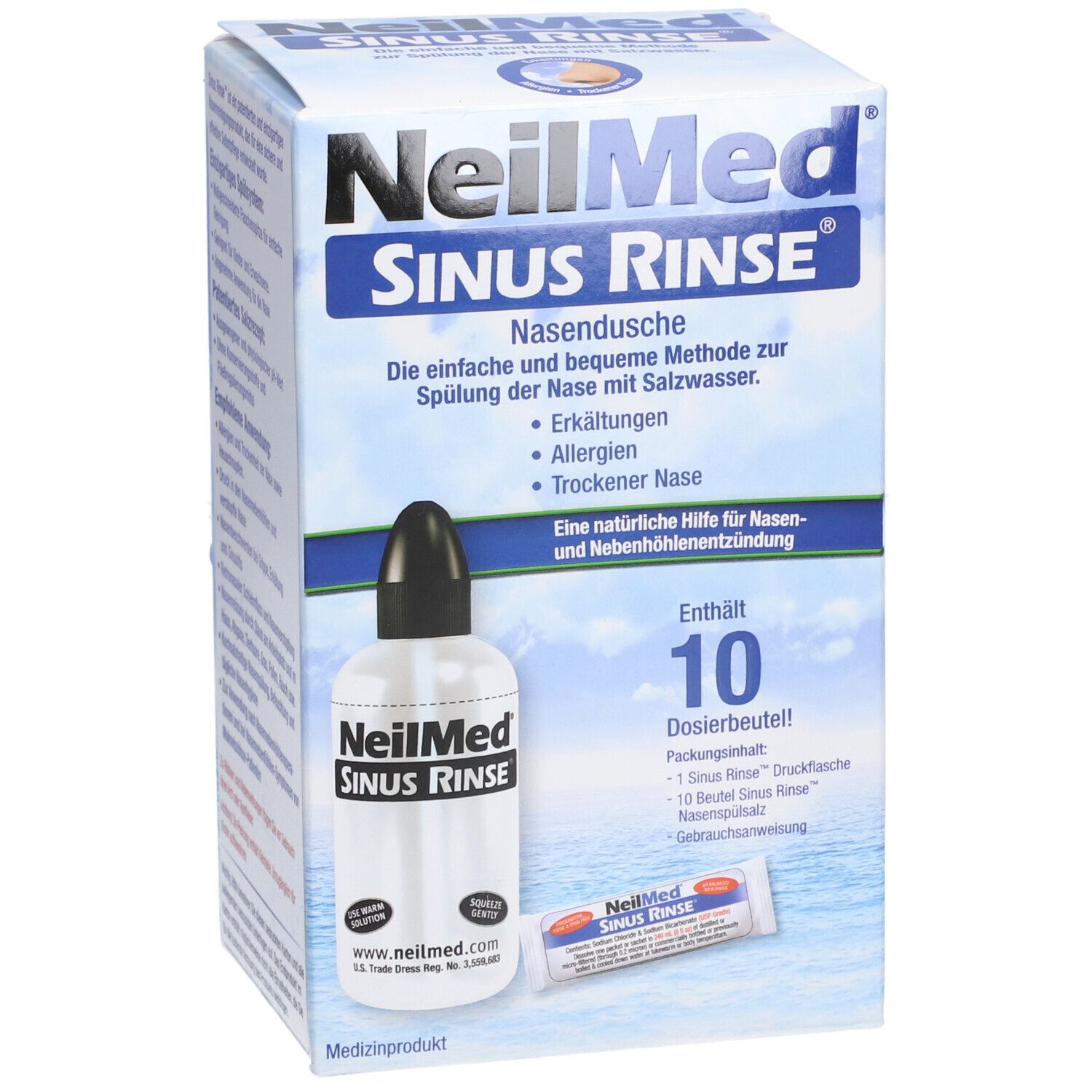 Verpackung von NeilMed Sinus Rinse. Enthält Flasche, Spülsalzbeutel und Gebrauchsanweisung. Blaue und weiße Box mit Produktlogo.