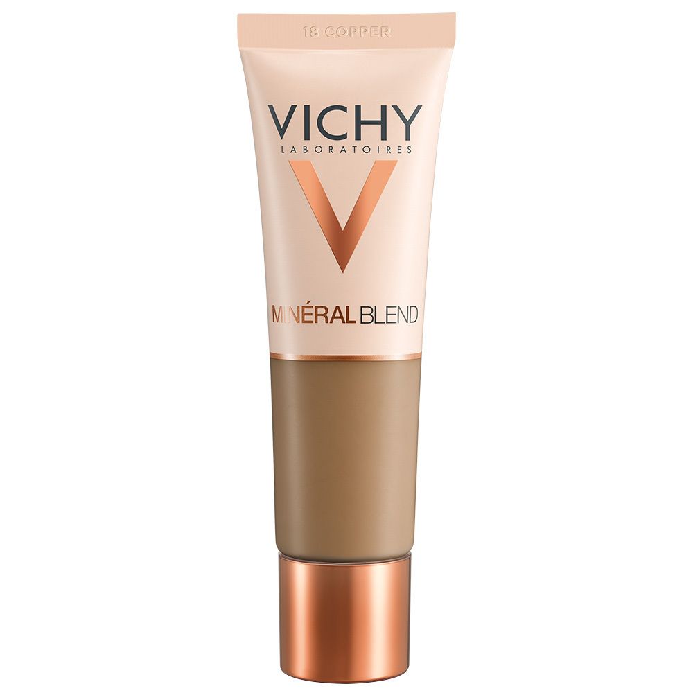 Make-up Fluid von Vichy. Tube mit kupferfarbenem Inhalt. Aufschrift: Vichy, Minéralblend. Farbton: 18 Copper.
