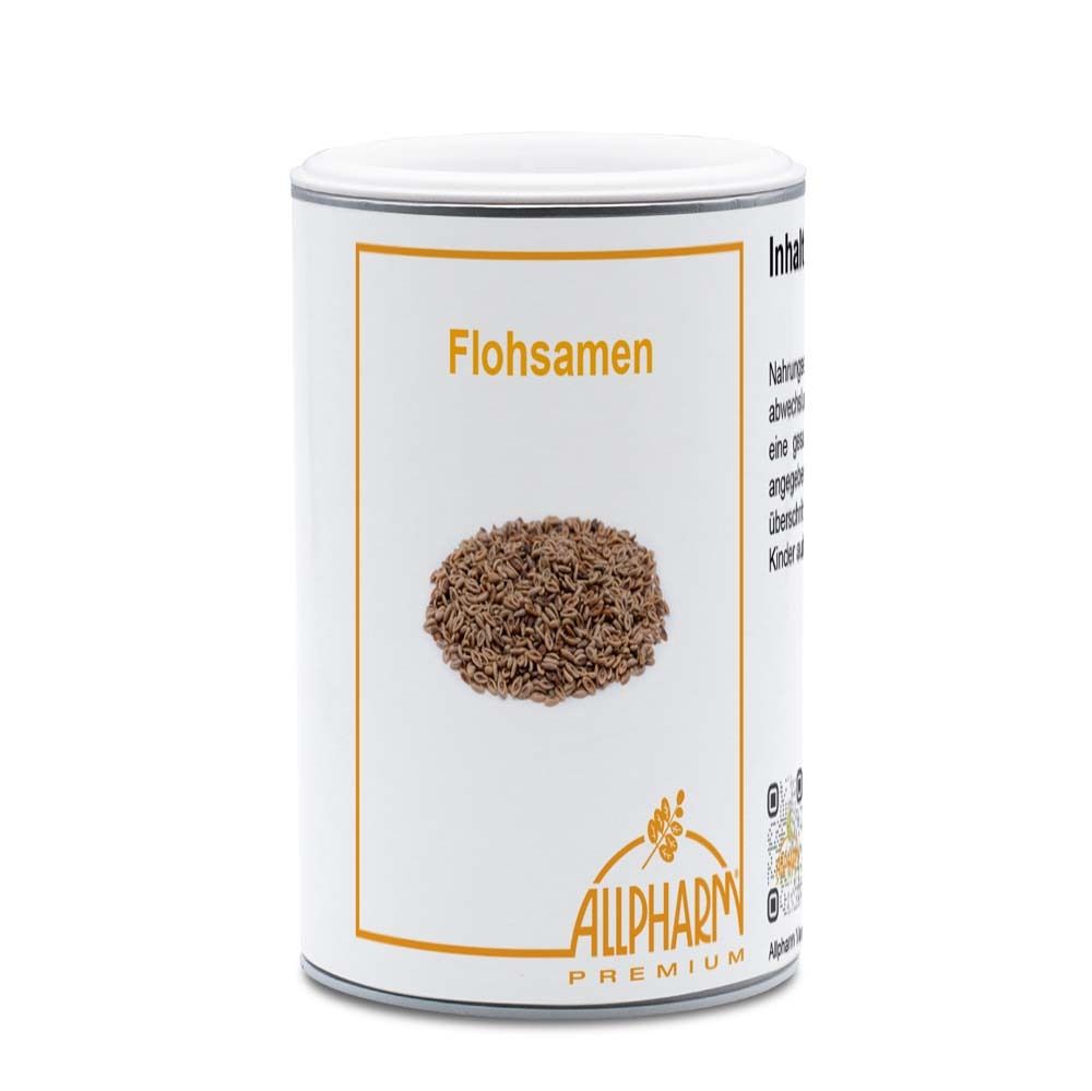 Weißes zylindrisches Gefäß mit Deckel. Aufschrift "Flohsamen" und "ALLPHARM PREMIUM". Abbildung von Flohsamen.