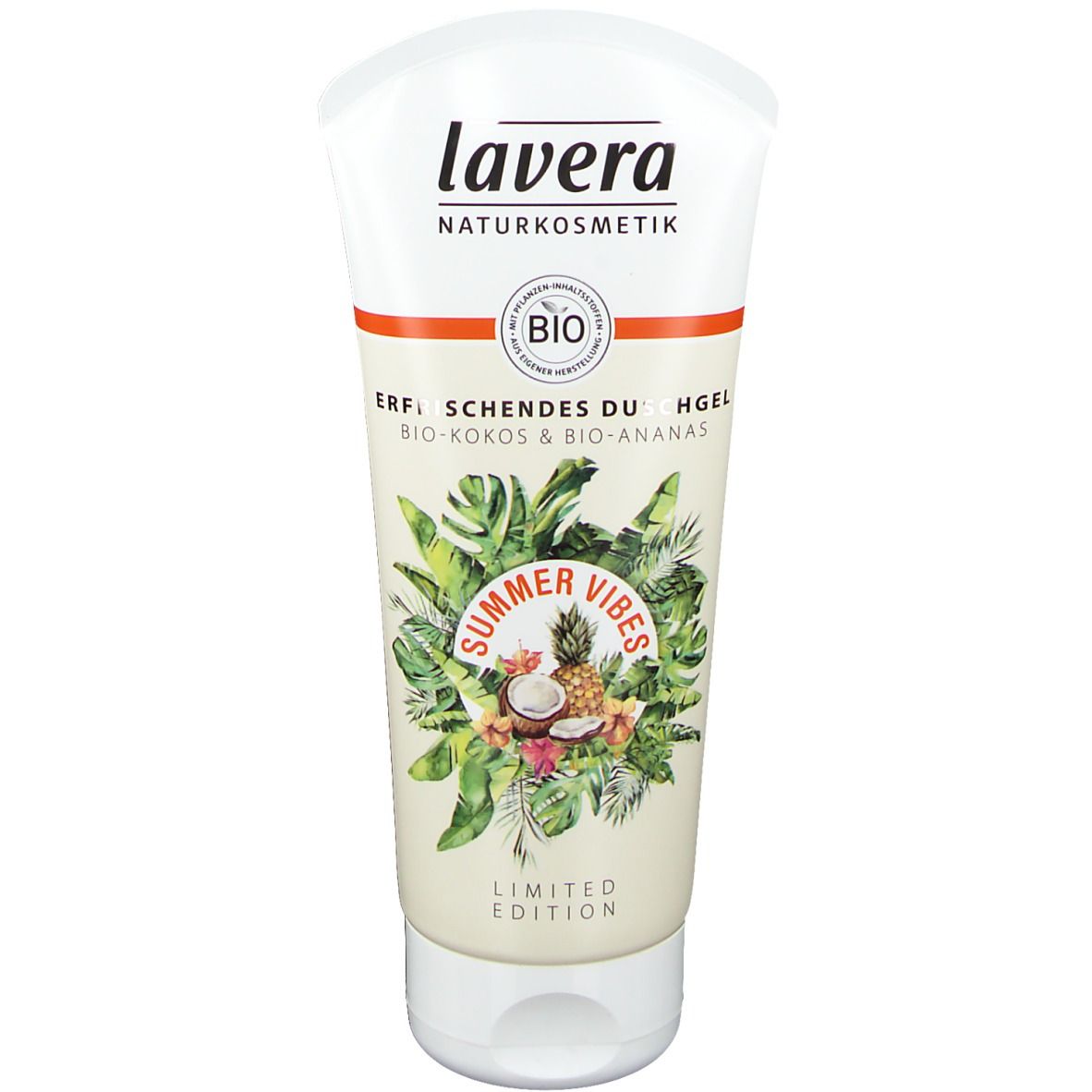 Weiß-transparente Tube mit Produktaufdrucken. Lavera-Logo, Bio-Siegel, "Summer Vibes"-Design mit Kokosnuss und Ananas.