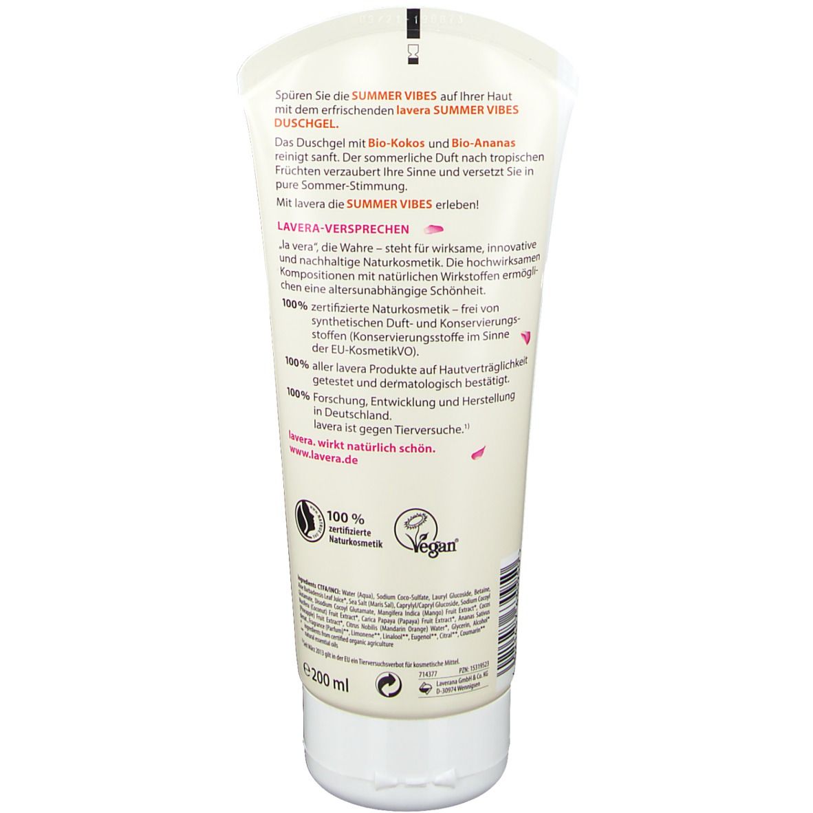 Rückseite der Tube. Text mit Produktinformationen, Lavera-Logo, Bio-Siegel, Vegan-Logo, und Volumenangabe.