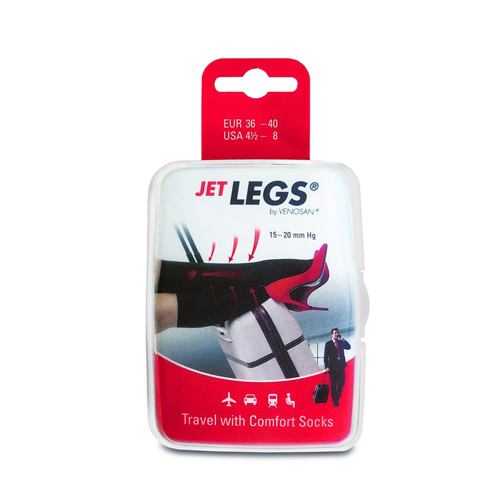 Verpackung für Jet Legs Kompressionsstrümpfe, Größe 36-40, 15-20 mmHg.