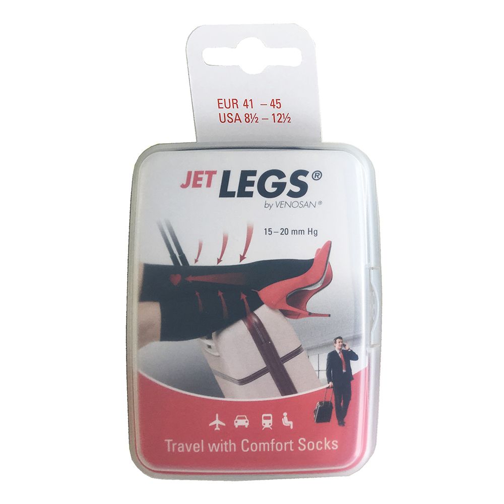 Verpackung für Jet Legs Kompressionssocken, Größe 41-45, mit Druckangabe 15-20 mm Hg.