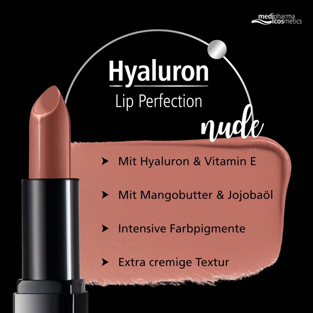 Lippenstift nude, Text. Enthält Hyaluron, Vitamin E, Mangobutter, Jojobaöl. Marke: Hyaluron Lip Perfection.